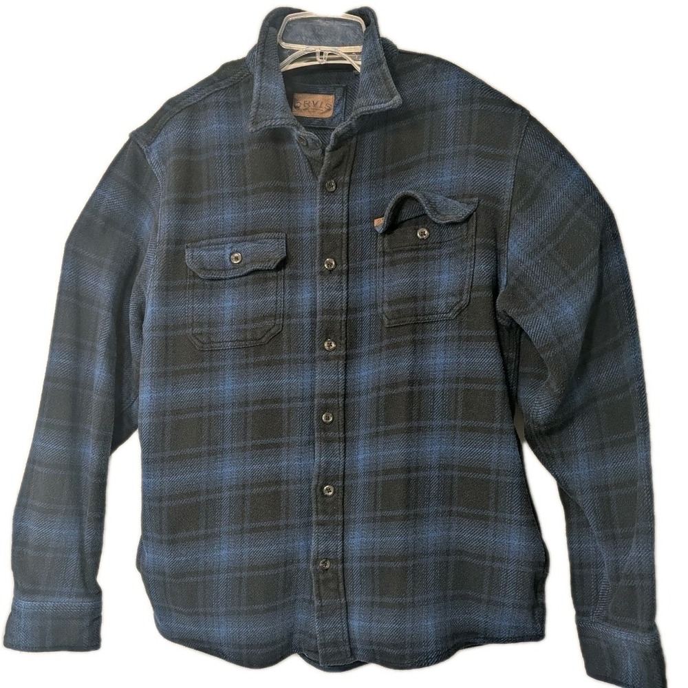Orvis Men's L Heavy Flannel Shirt Blue Black Plaid Cotton Workwear